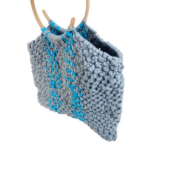 Handmade Crochet Tote Bag Gray Blue Striped Yarn Purse with Wooden Round Handles - Picture 4 of 7